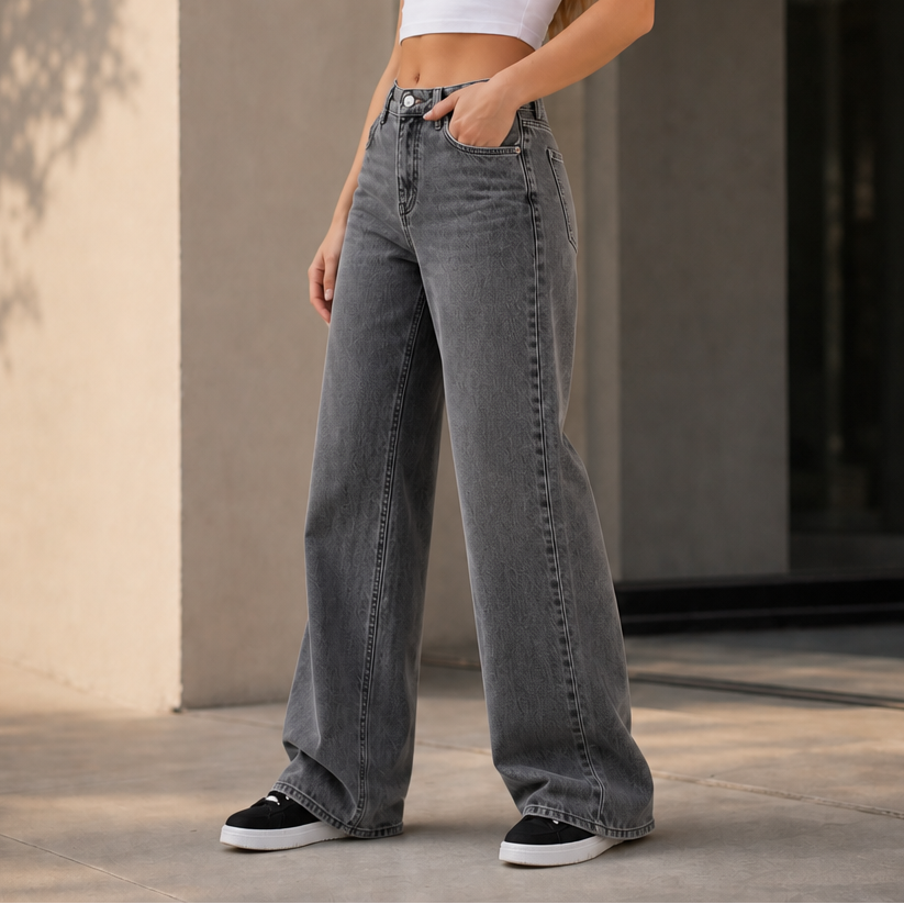Aude™ | Women's High Waisted Wide Leg Jeans with Full Length Hem