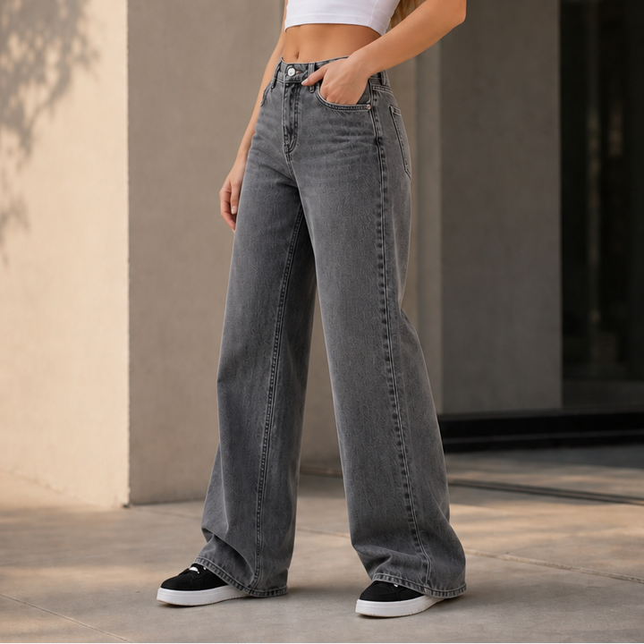 Aude™ | Women's High Waisted Wide Leg Jeans with Full Length Hem