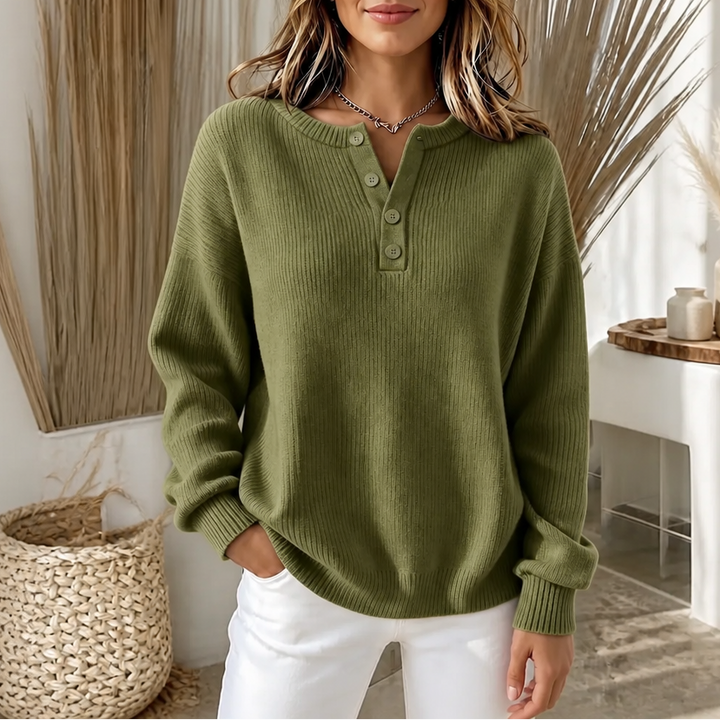 Faustine™ | Women's Ribbed Knit Henley Sweater with Button Placket
