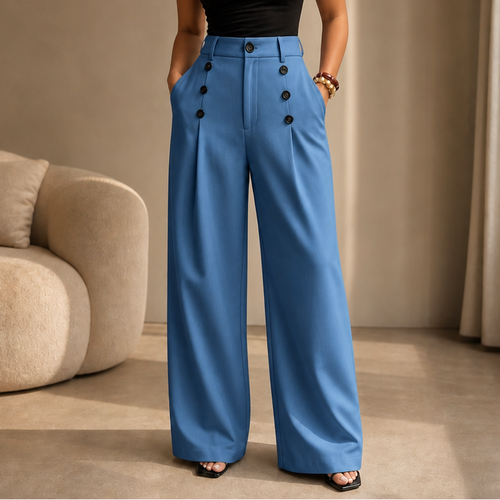 Wilhelmine™ | Women's High Waisted Pleated Wide Leg Trousers with Button Detail