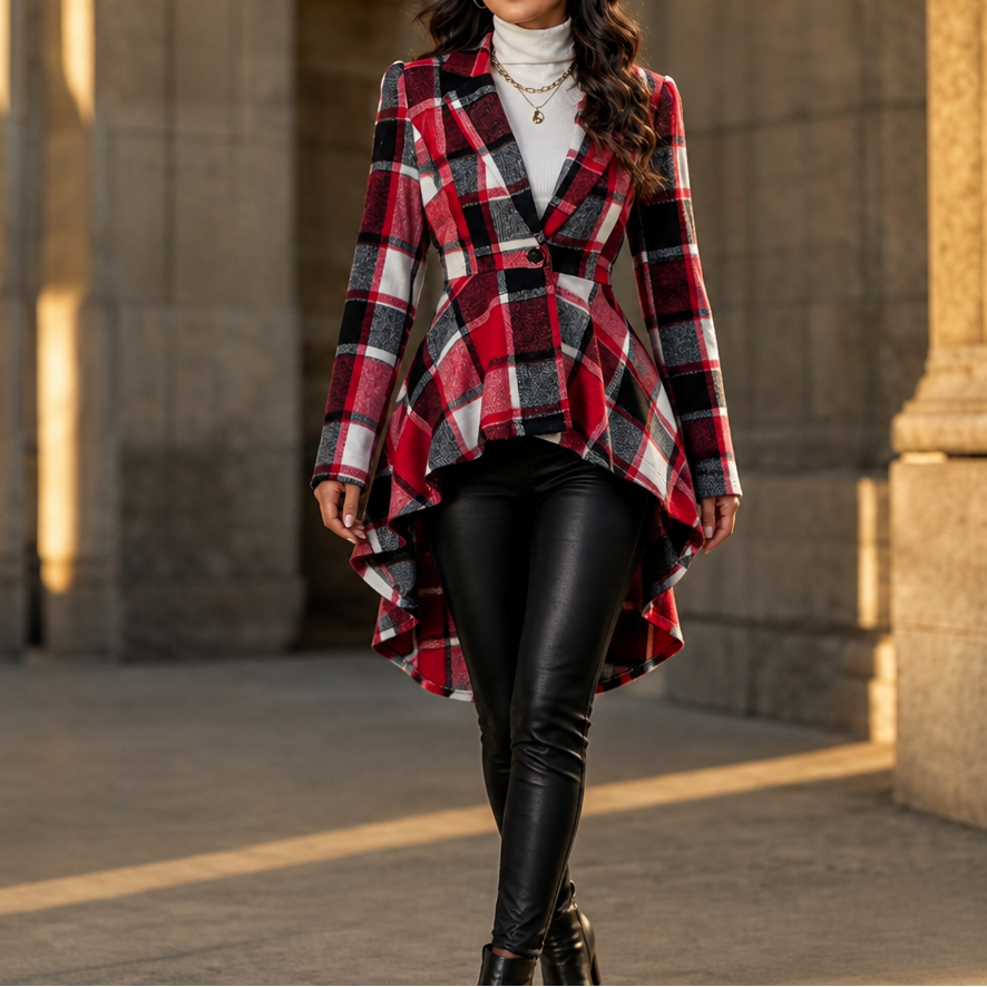 Gilda™ | Women's Plaid Peplum Coat with High Low Hem