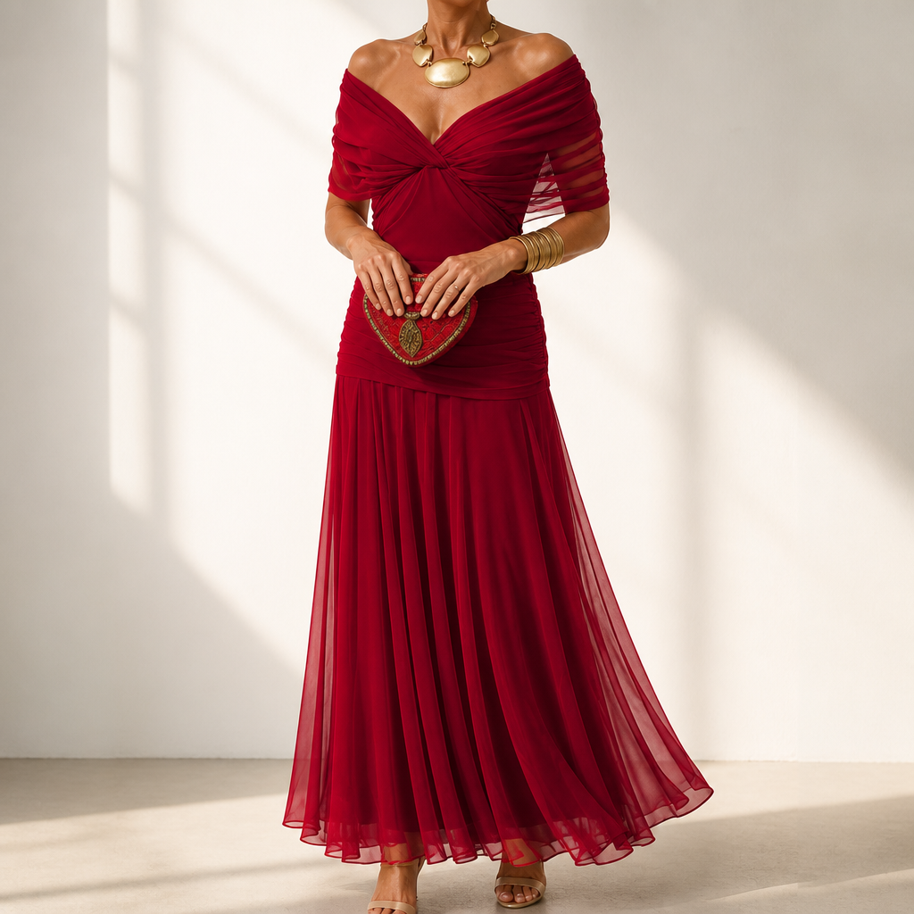 Donatella™ | Women's Off-Shoulder Wedding Guest Maxi Dress with Draped Bodice