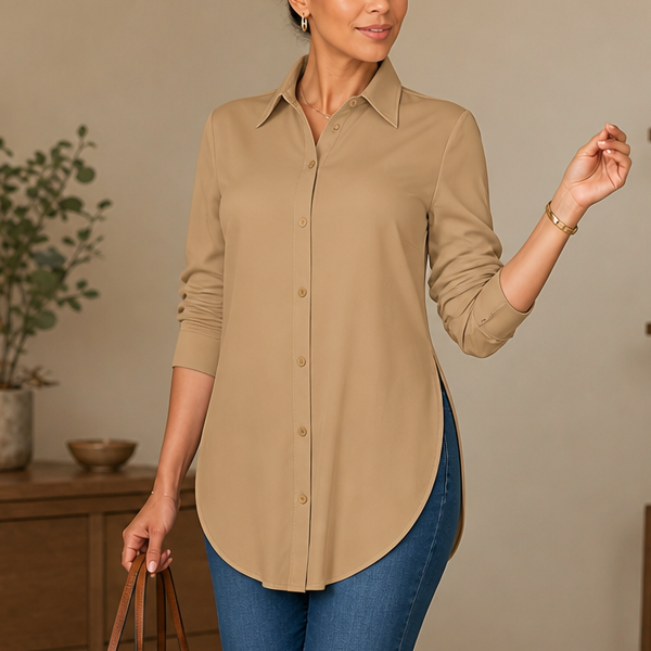 Salome™ | Women's Longline Button-Front Shirt with Curved Hem