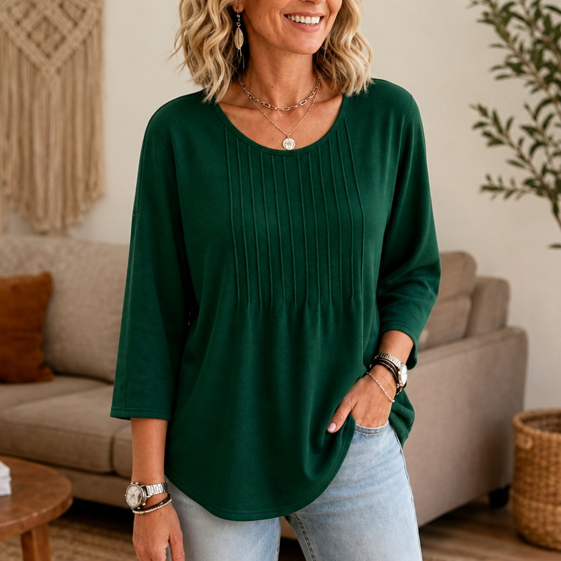Orsola™ | Women's Pleated Round Neck Long Sleeve Tunic Top
