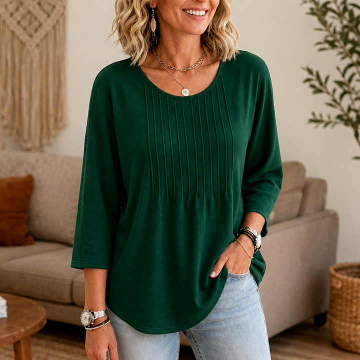 Orsola™ | Women's Pleated Round Neck Long Sleeve Tunic Top