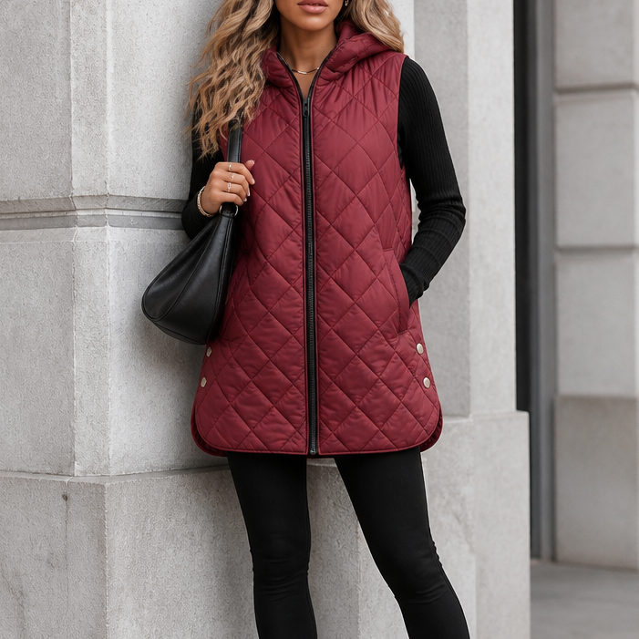 Micheline™ | Women's Long Quilted Hooded Vest with Zip Front
