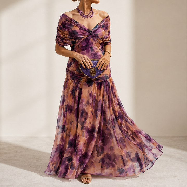 Donatella™ | Women's Off-Shoulder Wedding Guest Maxi Dress with Draped Bodice