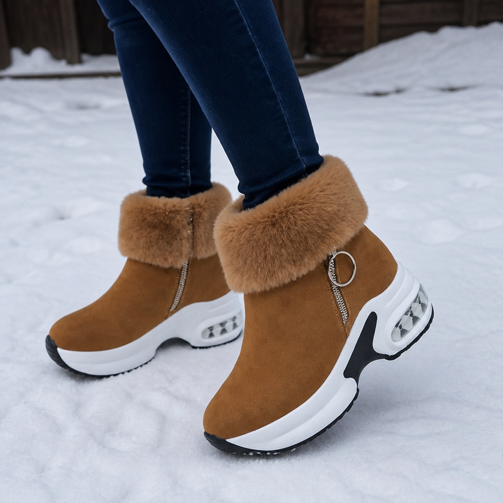 Raphaelle™ | Women's Faux Fur Cuff Platform Ankle Boots with Side Zip