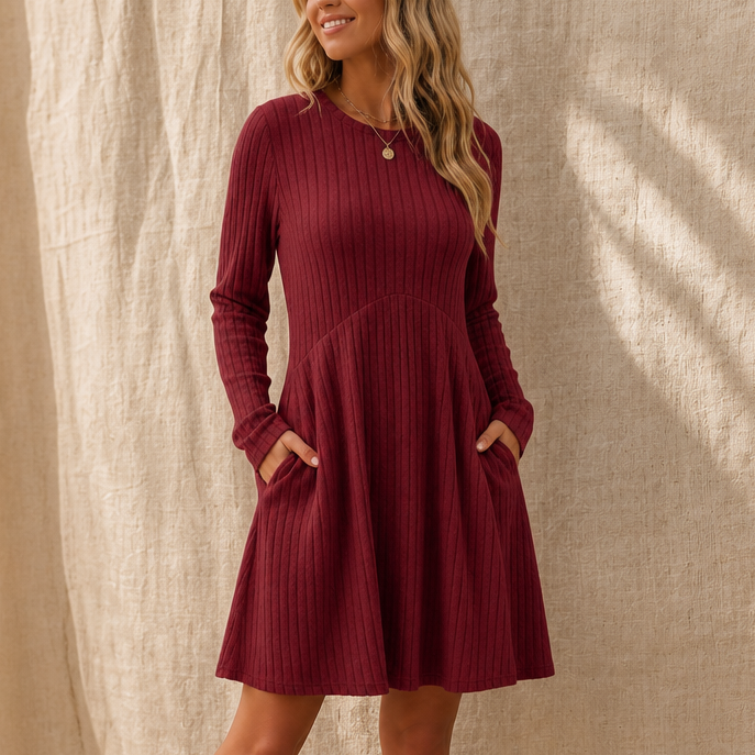 Prudence™ | Women's Ribbed Knit A-Line Midi Dress with Pockets