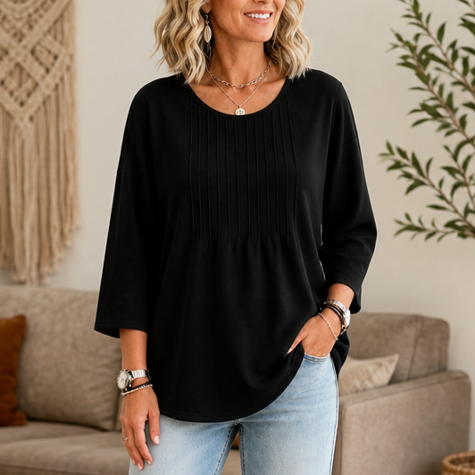 Orsola™ | Women's Pleated Round Neck Long Sleeve Tunic Top