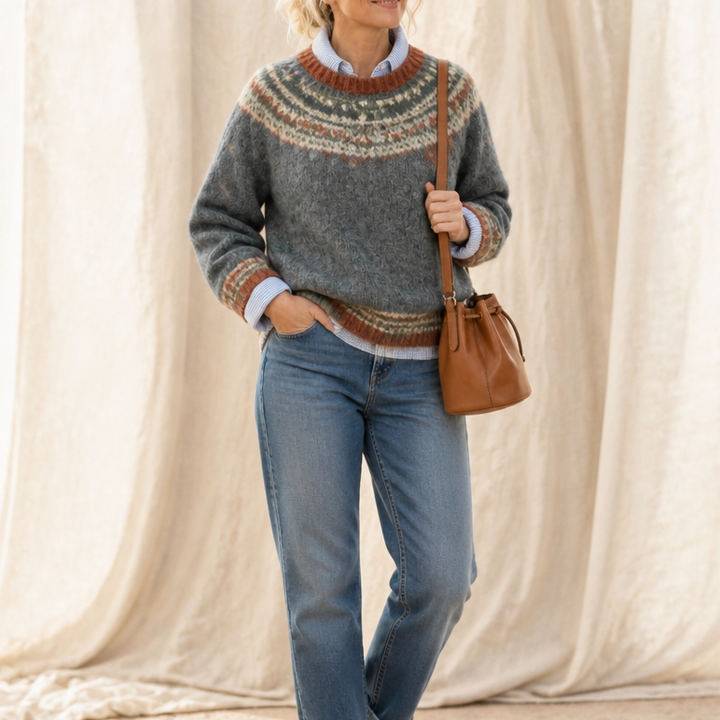Thisbe™ | Women's Fair Isle Yoke Crew Neck Pullover Sweater