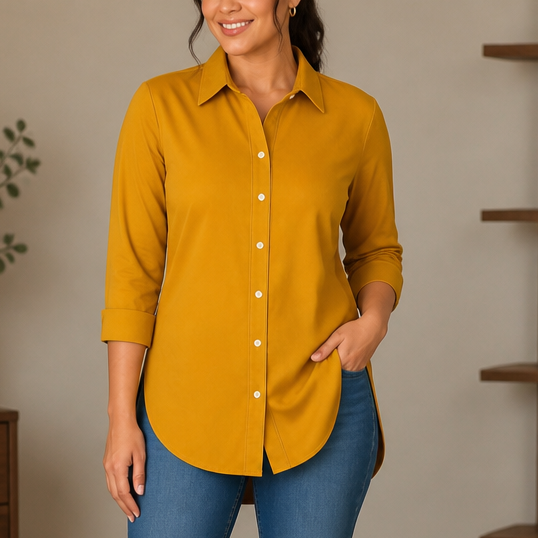 Salome™ | Women's Longline Button-Front Shirt with Curved Hem