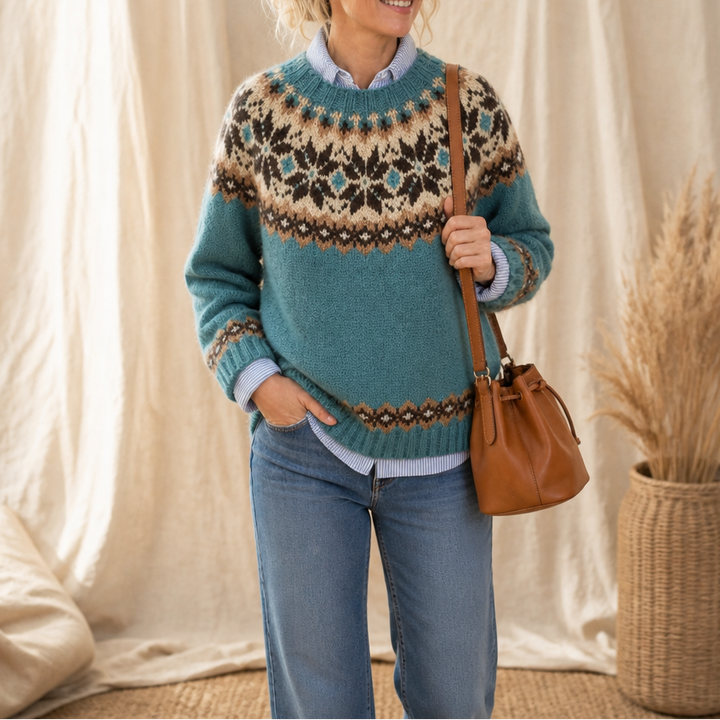 Thisbe™ | Women's Fair Isle Yoke Crew Neck Pullover Sweater