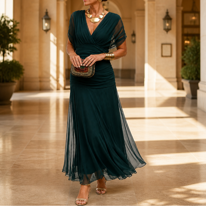 Donatella™ | Women's Off-Shoulder Wedding Guest Maxi Dress with Draped Bodice