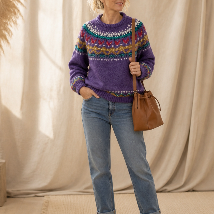 Thisbe™ | Women's Fair Isle Yoke Crew Neck Pullover Sweater