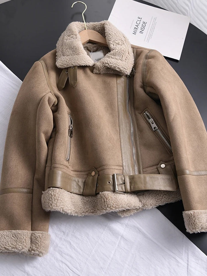 Zosia™ | Women's Cropped Faux Suede Aviator Jacket with Belted Hem
