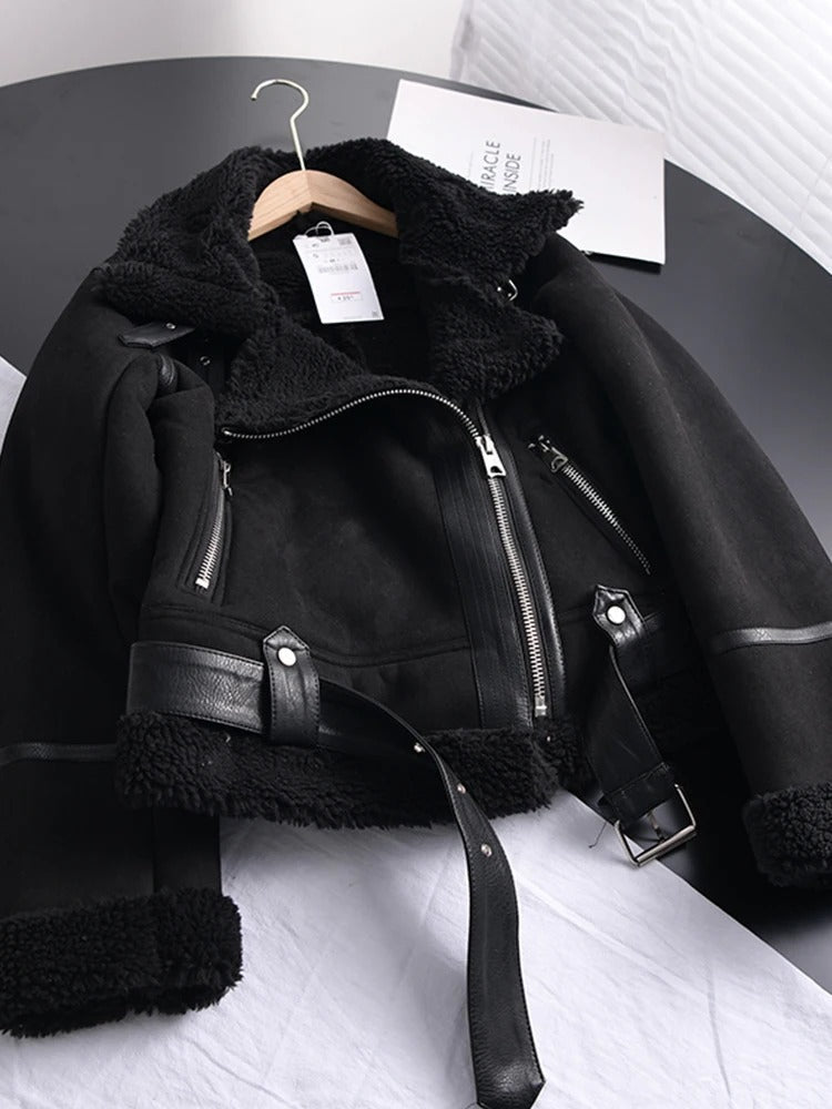 Zosia™ | Women's Cropped Faux Suede Aviator Jacket with Belted Hem
