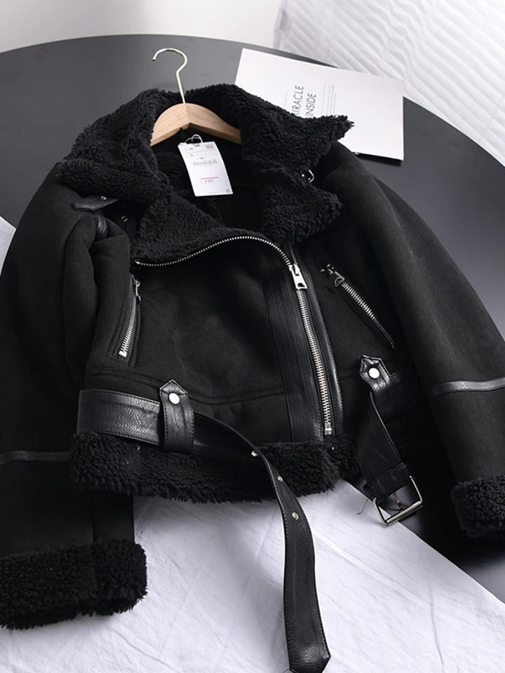 Zosia™ | Women's Cropped Faux Suede Aviator Jacket with Belted Hem