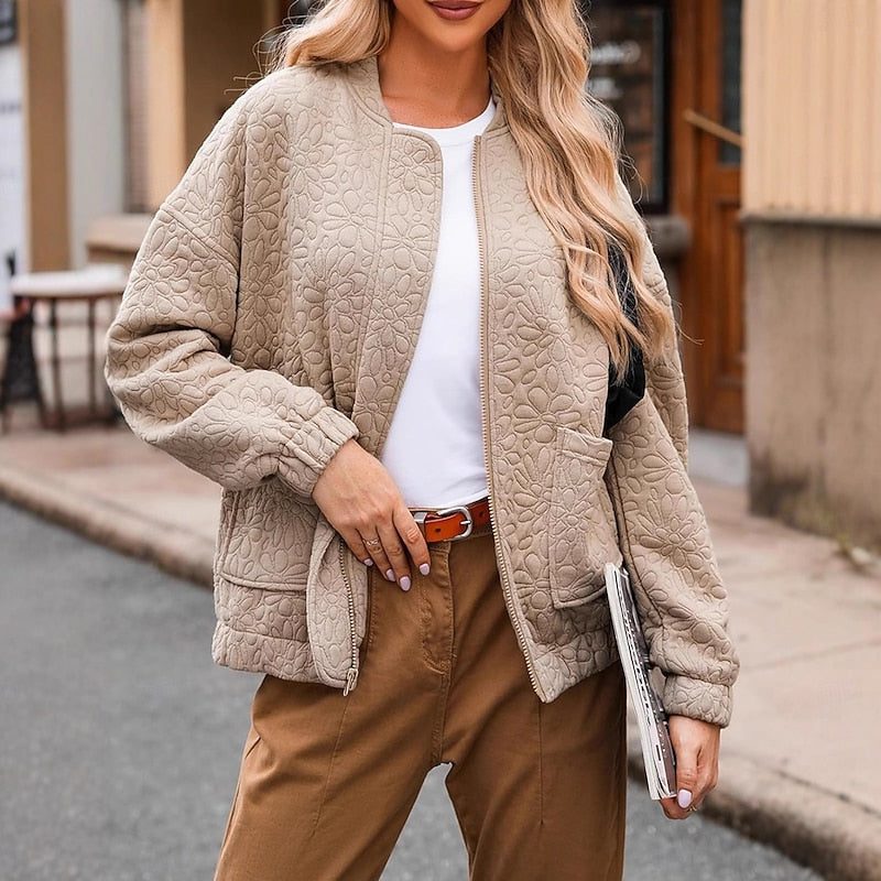 Velia™ | Women's Khaki Floral Quilted Bomber Jacket