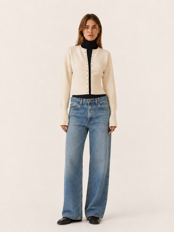 Virelora™ | Cropped Knit Cardigan with Ribbed Waist