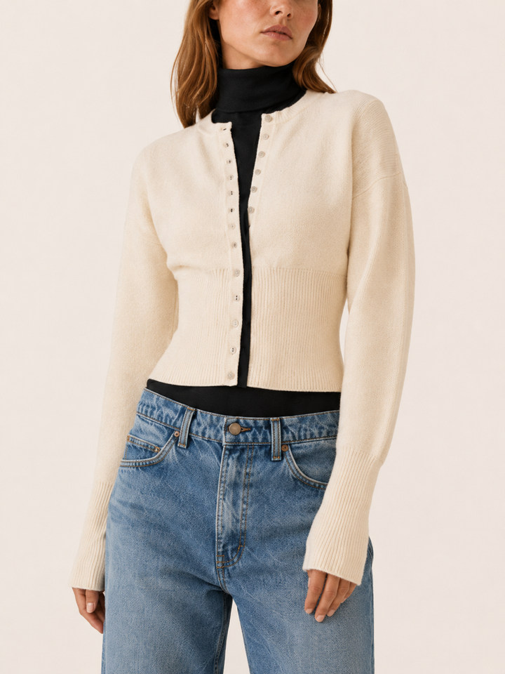 Virelora™ | Cropped Knit Cardigan with Ribbed Waist
