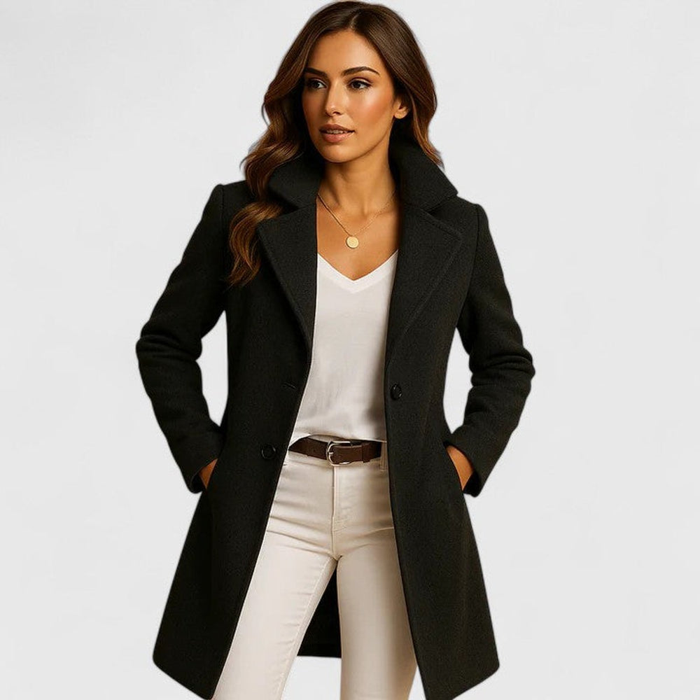 Albertine™ | Women's Long Notch Lapel Button Front Coat with Pockets