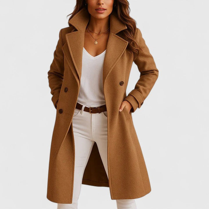 Albertine™ | Women's Long Notch Lapel Button Front Coat with Pockets