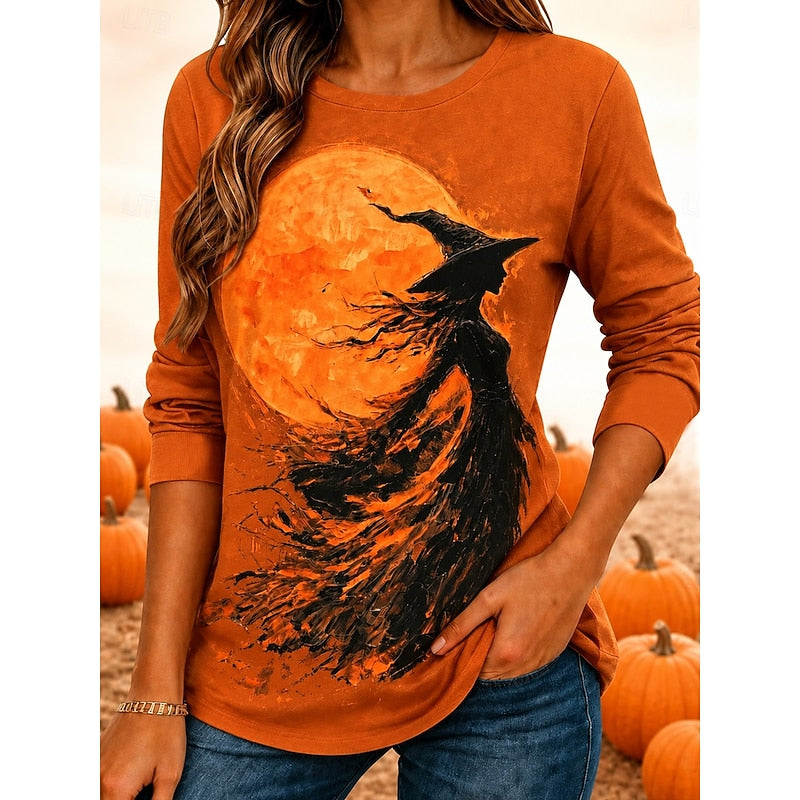Astra™ | Women's Halloween Witch and Full Moon Print Long Sleeve Top