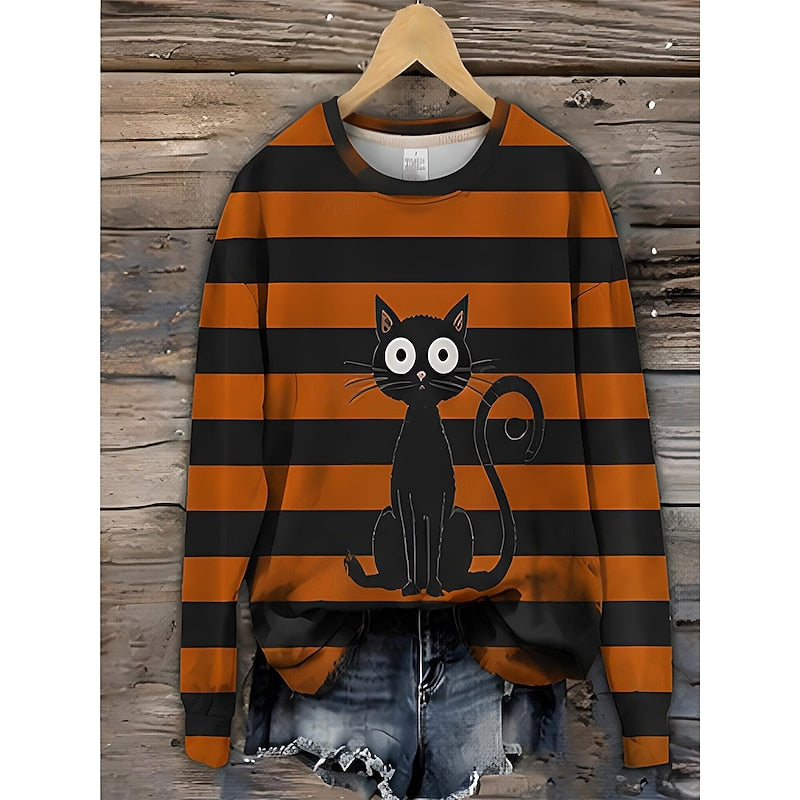 Dulcie™ | Women's Halloween Striped Cat Print Sweatshirt