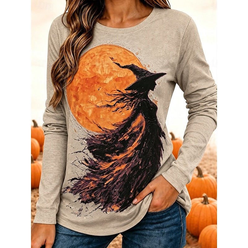 Astra™ | Women's Halloween Witch and Full Moon Print Long Sleeve Top