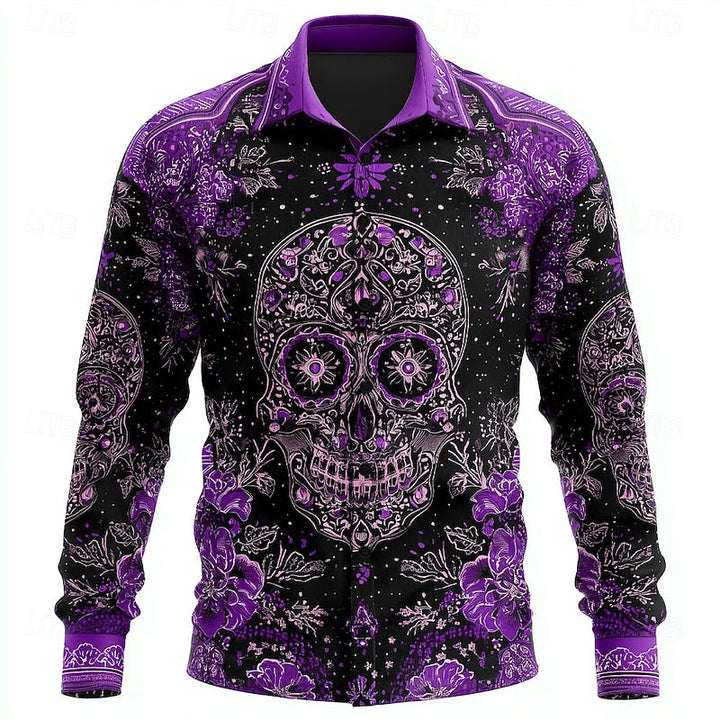 Fenwick™ | Men's Halloween Skull and Floral Print Button Up Shirt