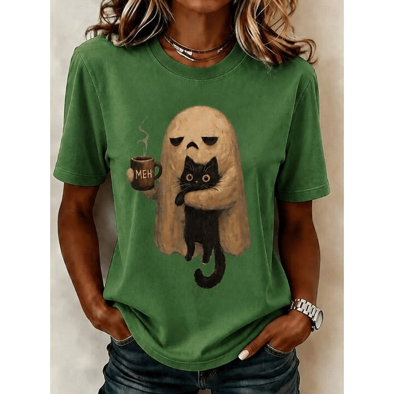 Cerys™ | Women's Halloween Ghost and Cat Print T Shirt