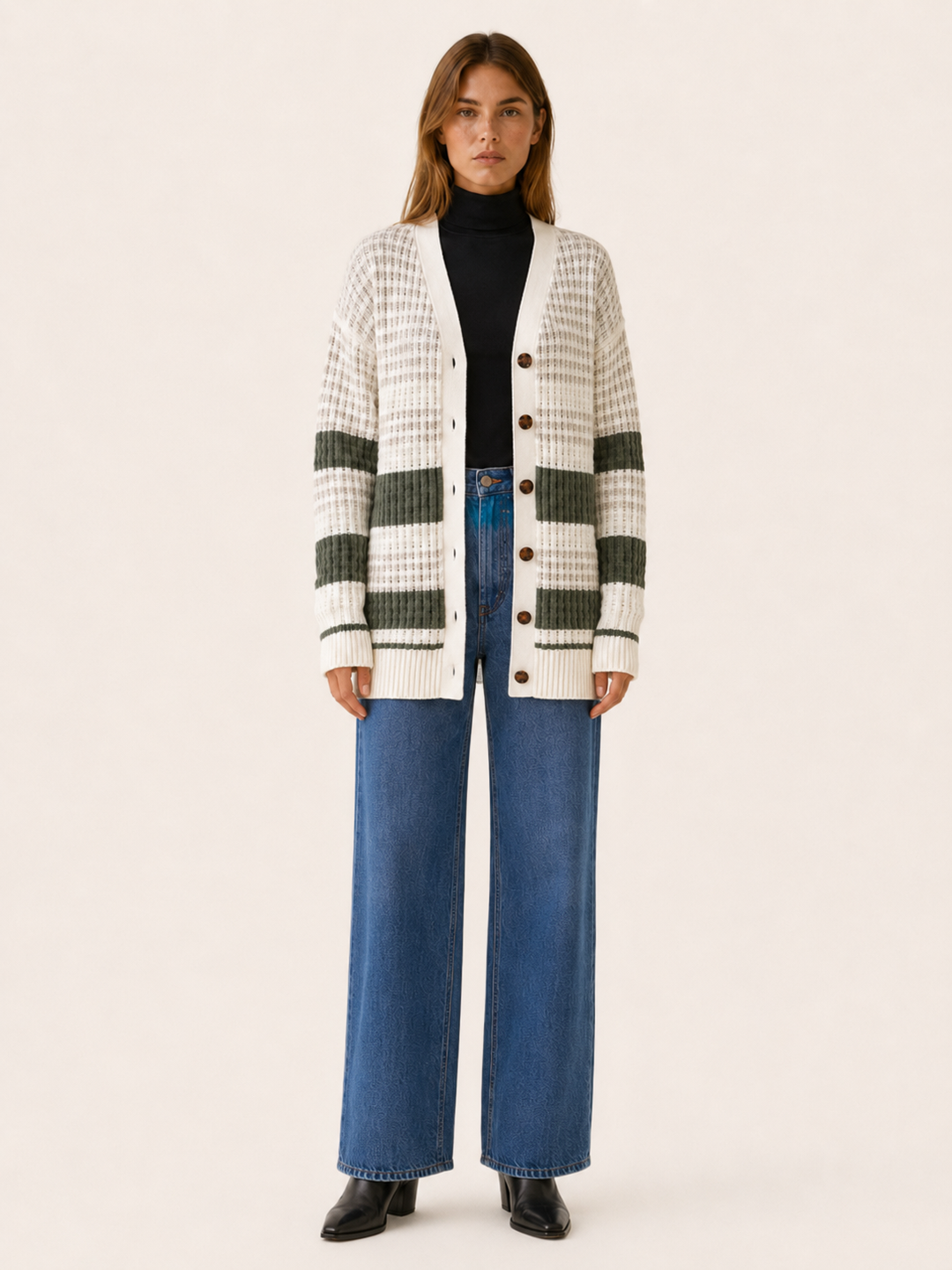 Zanora™ | Contrast-Stripe Cardigan with Patch Pockets