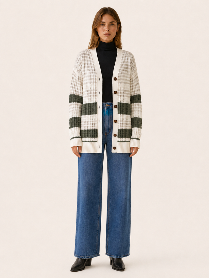 Zanora™ | Contrast-Stripe Cardigan with Patch Pockets