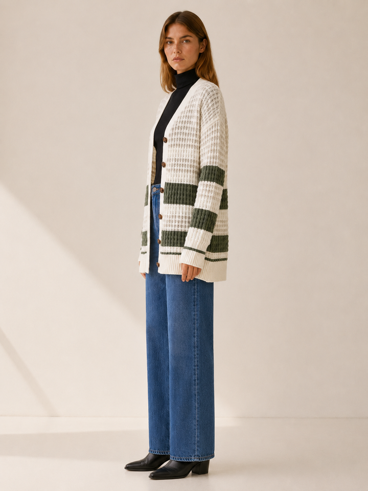 Zanora™ | Contrast-Stripe Cardigan with Patch Pockets