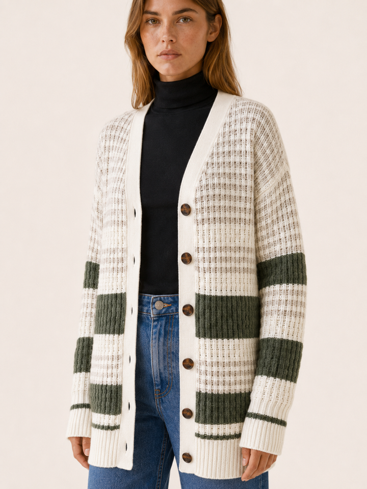 Zanora™ | Contrast-Stripe Cardigan with Patch Pockets