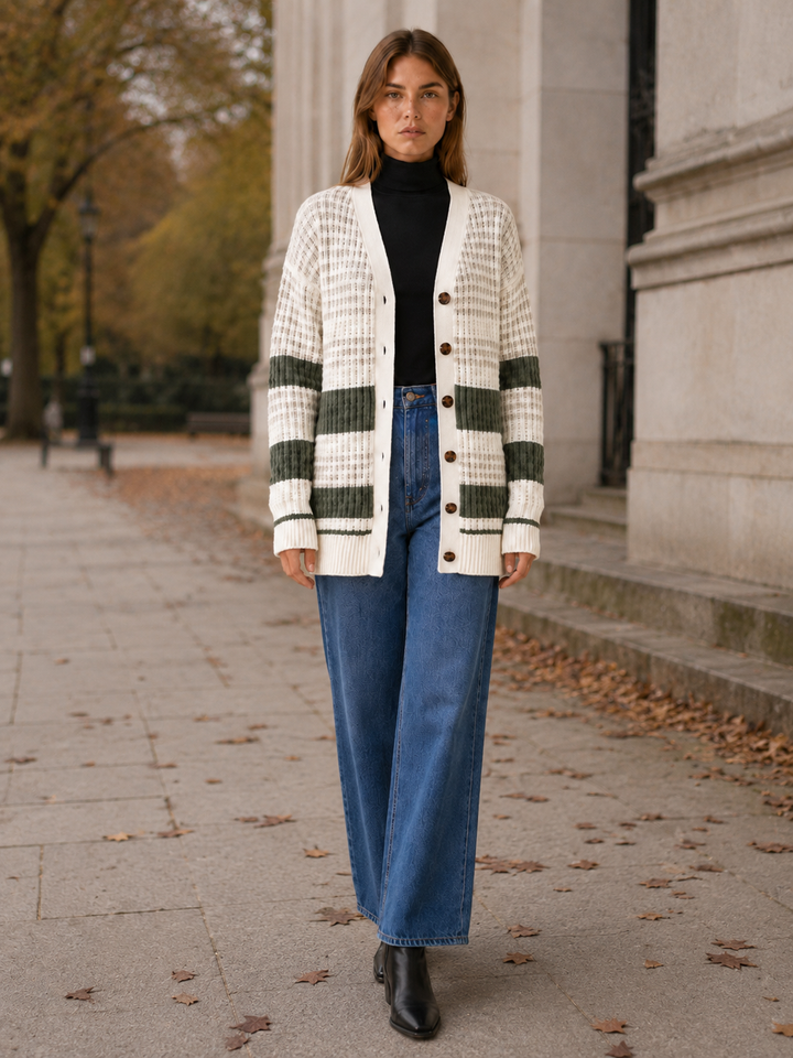 Zanora™ | Contrast-Stripe Cardigan with Patch Pockets
