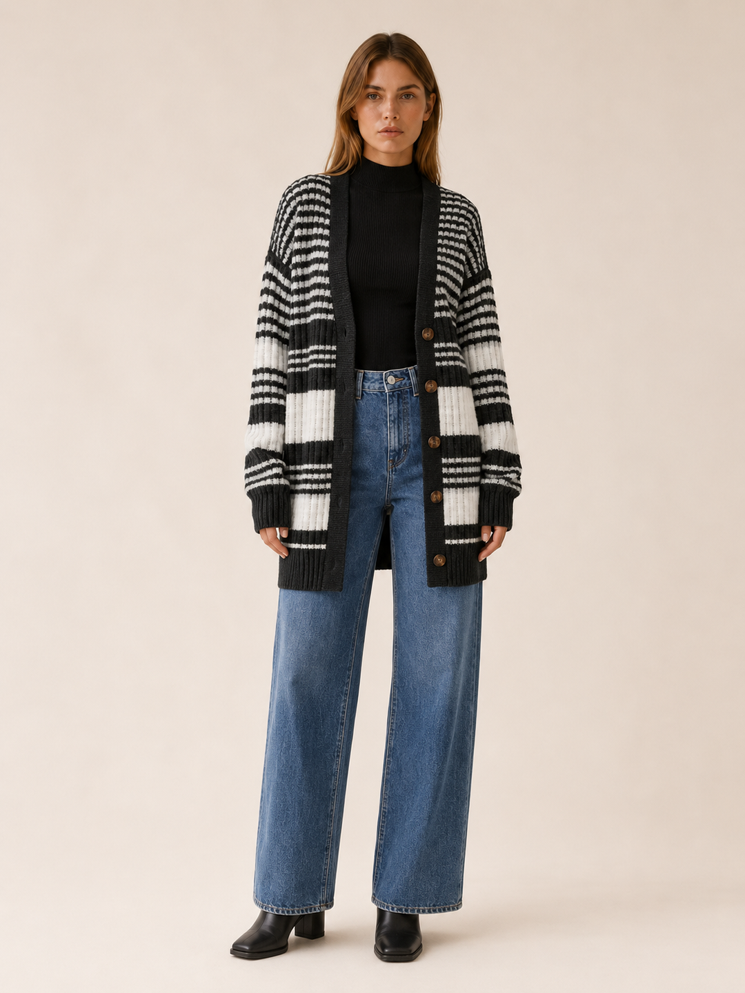Zanora™ | Contrast-Stripe Cardigan with Patch Pockets