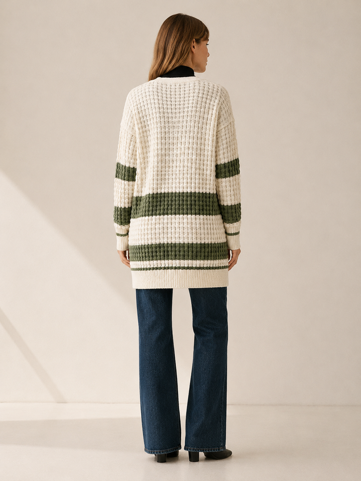 Zanora™ | Contrast-Stripe Cardigan with Patch Pockets